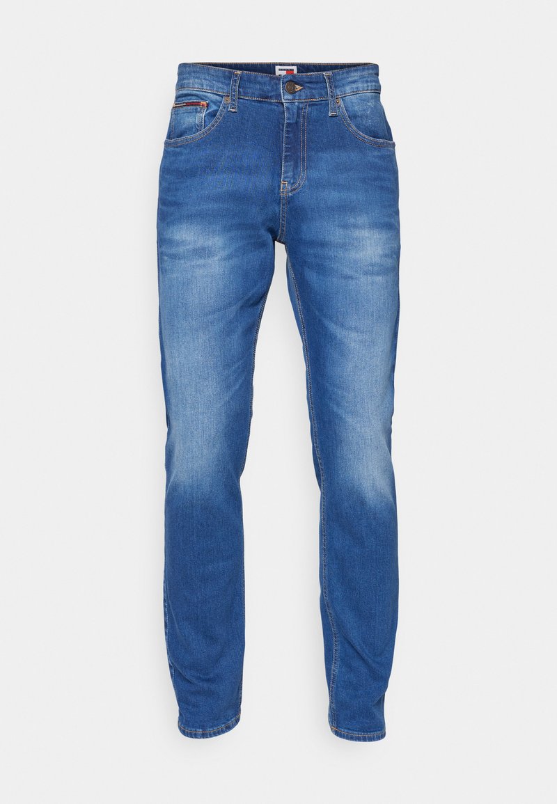 Blaue Jeans aus Denim mit geradem Bein, subtilen Verblassungen, Fünf-Taschen-Design und einem Knopfverschluss an der Taille.
