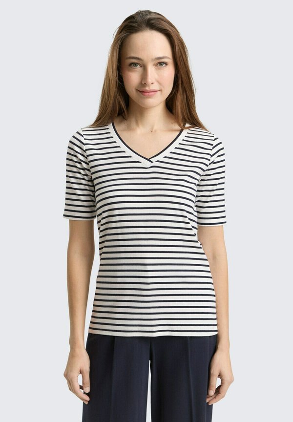 TOM TAILOR MIT V-AUSSCHNITT - Print T-shirt - offwhite/navy blue stripe