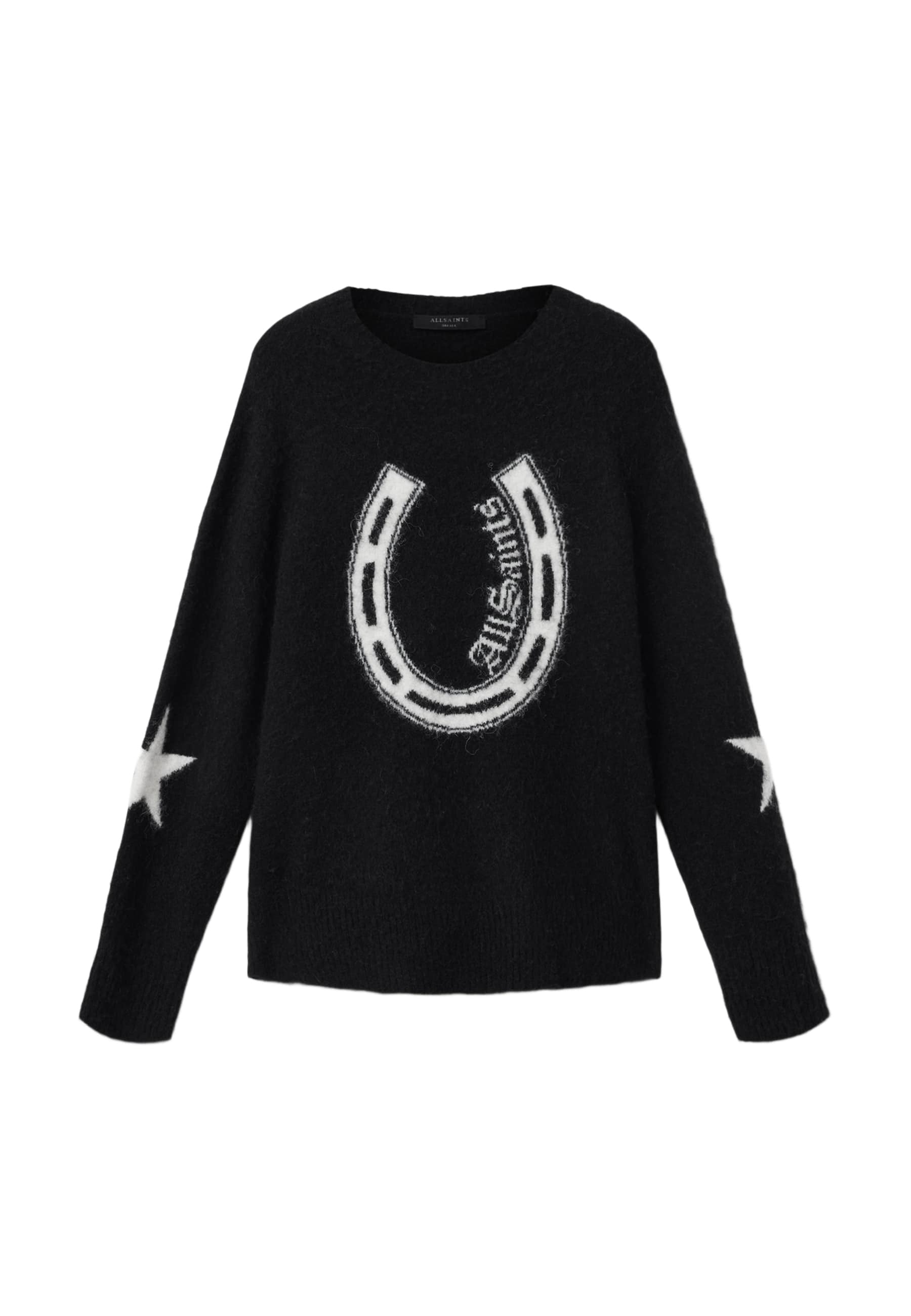 Schwarzer Pullover mit langen Ärmeln, weißes Hufeisen und "AllSaints"-Schriftzug auf der Vorderseite, weiße Sterne auf den Ellbogen, Rundhalsausschnitt.