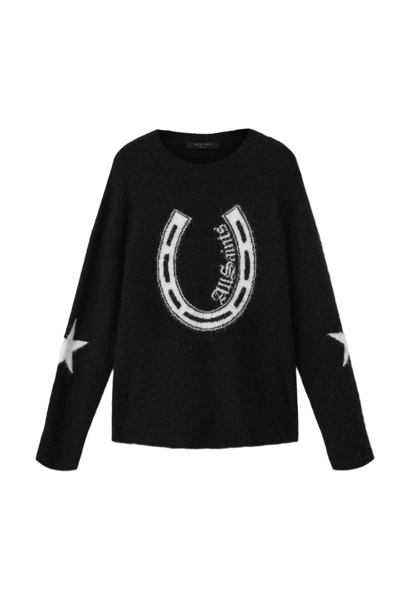 Schwarzer Pullover mit langen Ärmeln, weißes Hufeisen und "AllSaints"-Schriftzug auf der Vorderseite, weiße Sterne auf den Ellbogen, Rundhalsausschnitt.