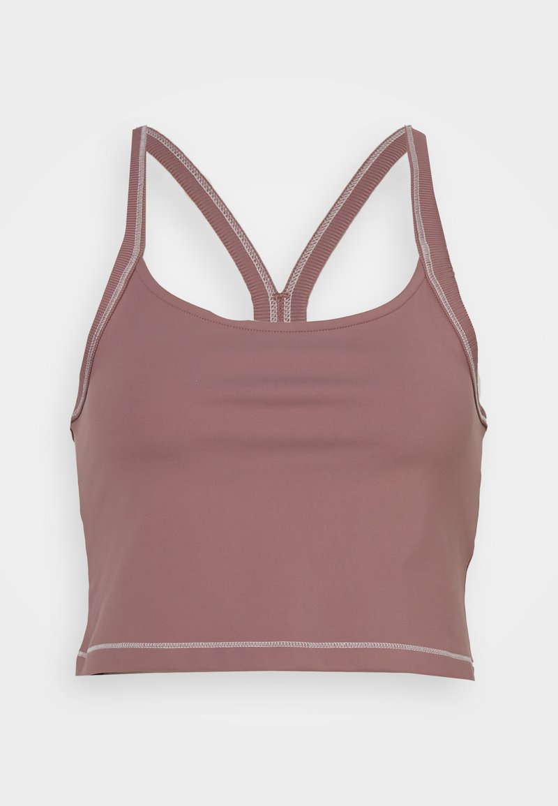 Rosa, kürzer Sport-BH aus glattem Stoff, mit einem doppelten Trägerdesign und kontrastierenden Nähten entlang des Halsausschnitts und Saums.