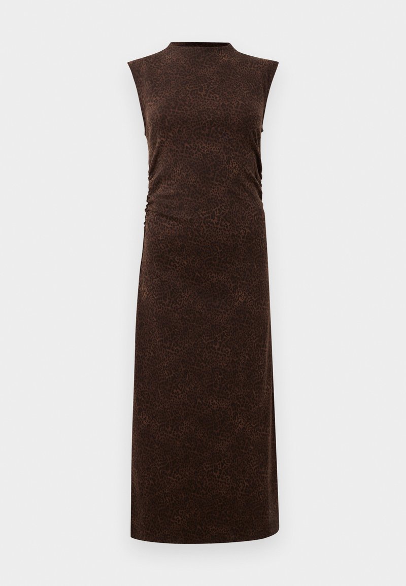 Ärmelloses braunes Midikleid mit einem subtilen Leopardenmuster, das seitliche Raffungen und einen hohen Halsausschnitt aufweist. Weicher, strukturierter Stoff.