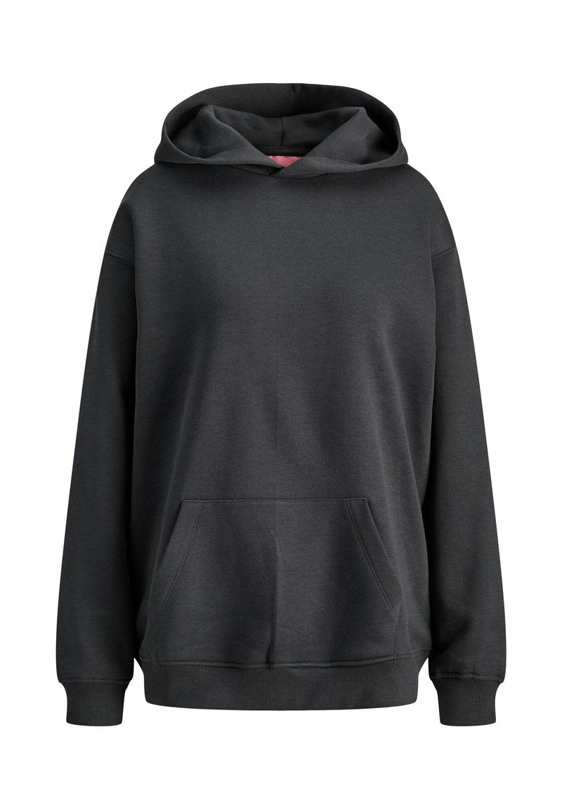 Dunkelgrauer Kapuzenpullover aus weichem Material, mit einer Kängurutasche, gerippten Bündchen und einem schlichten, eleganten Design.
