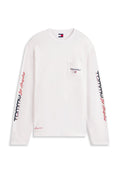 Weißes Langarmshirt mit Rundhalsausschnitt und dem Schriftzug "Tommy Los Angeles" auf den Ärmeln, eine kleine Tasche auf der linken Brust mit dem "Tommy"-Logo und Flagge.