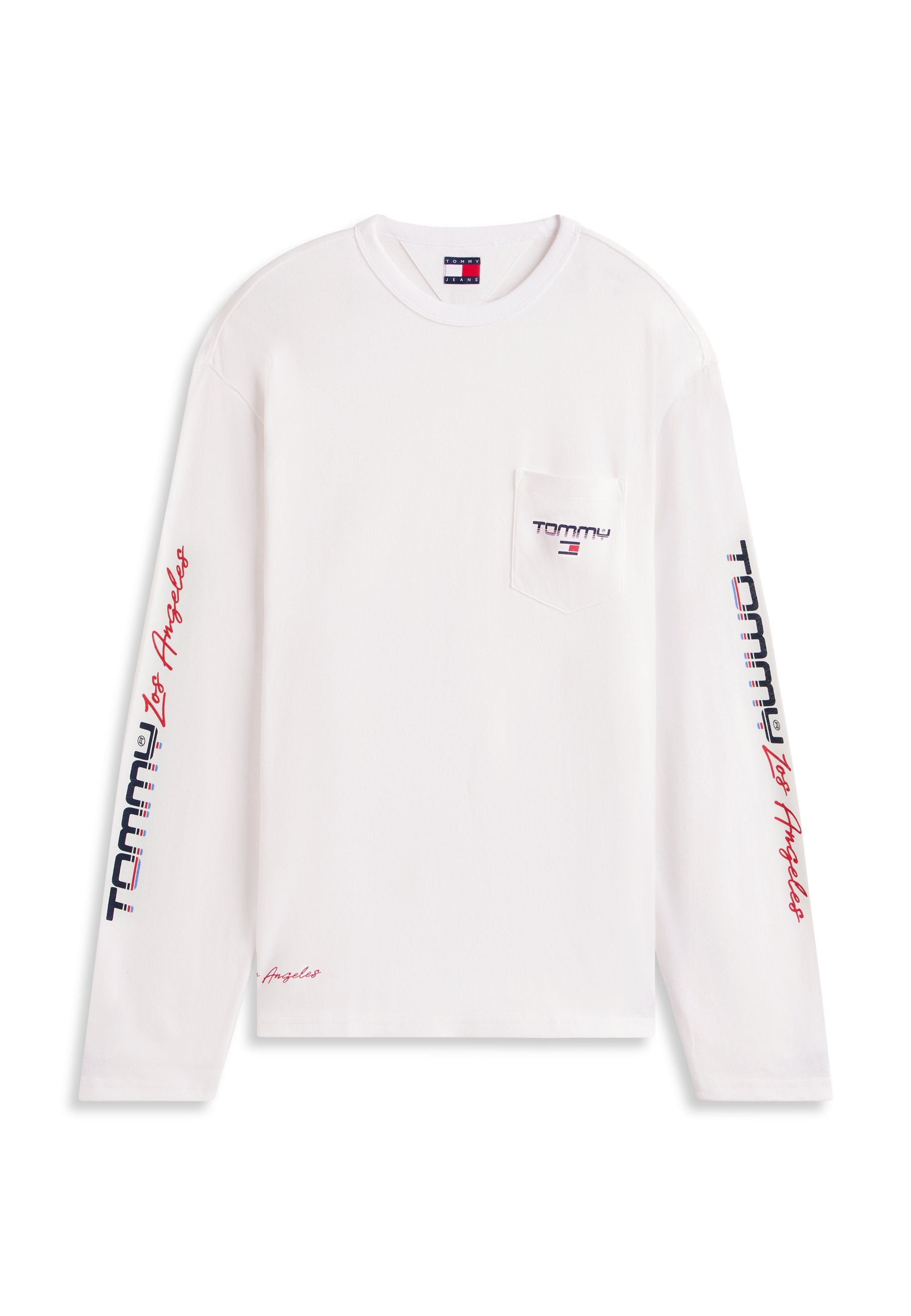 Weißes Langarmshirt mit Rundhalsausschnitt und dem Schriftzug "Tommy Los Angeles" auf den Ärmeln, eine kleine Tasche auf der linken Brust mit dem "Tommy"-Logo und Flagge.