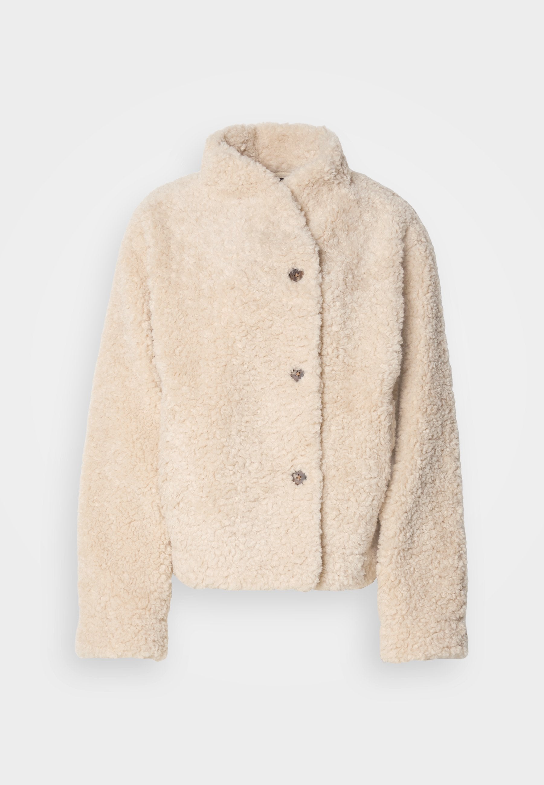 Beige, weiche Fleecejacke mit Stehkragen, fünf Knöpfen und einem leicht verkürzten Schnitt. Weiches, strukturiertes Material mit einem gemütlichen Aussehen.