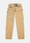 Beige Denim-Jeans mit einem verblassten Muster und dunkelblauen Akzenten, geradem Bein, fünf Taschen und Knopfverschluss.