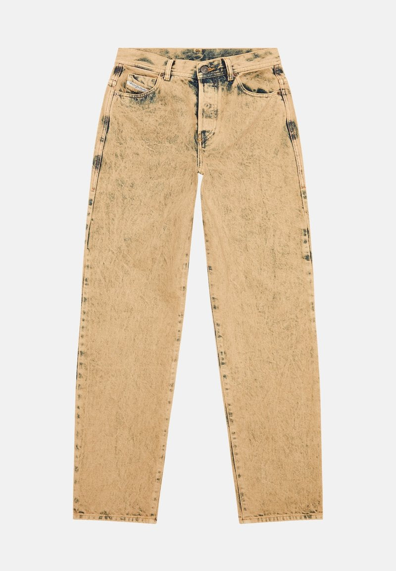 Beige Denim-Jeans mit einem verblassten Muster und dunkelblauen Akzenten, geradem Bein, fünf Taschen und Knopfverschluss.