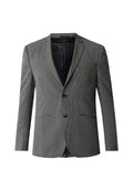 Grau kariertes Blazer mit taillierter Passform, zwei Knöpfen, Reverskragen und Vorderaschen. Schwarze Innenauskleidung und glatte Textur.