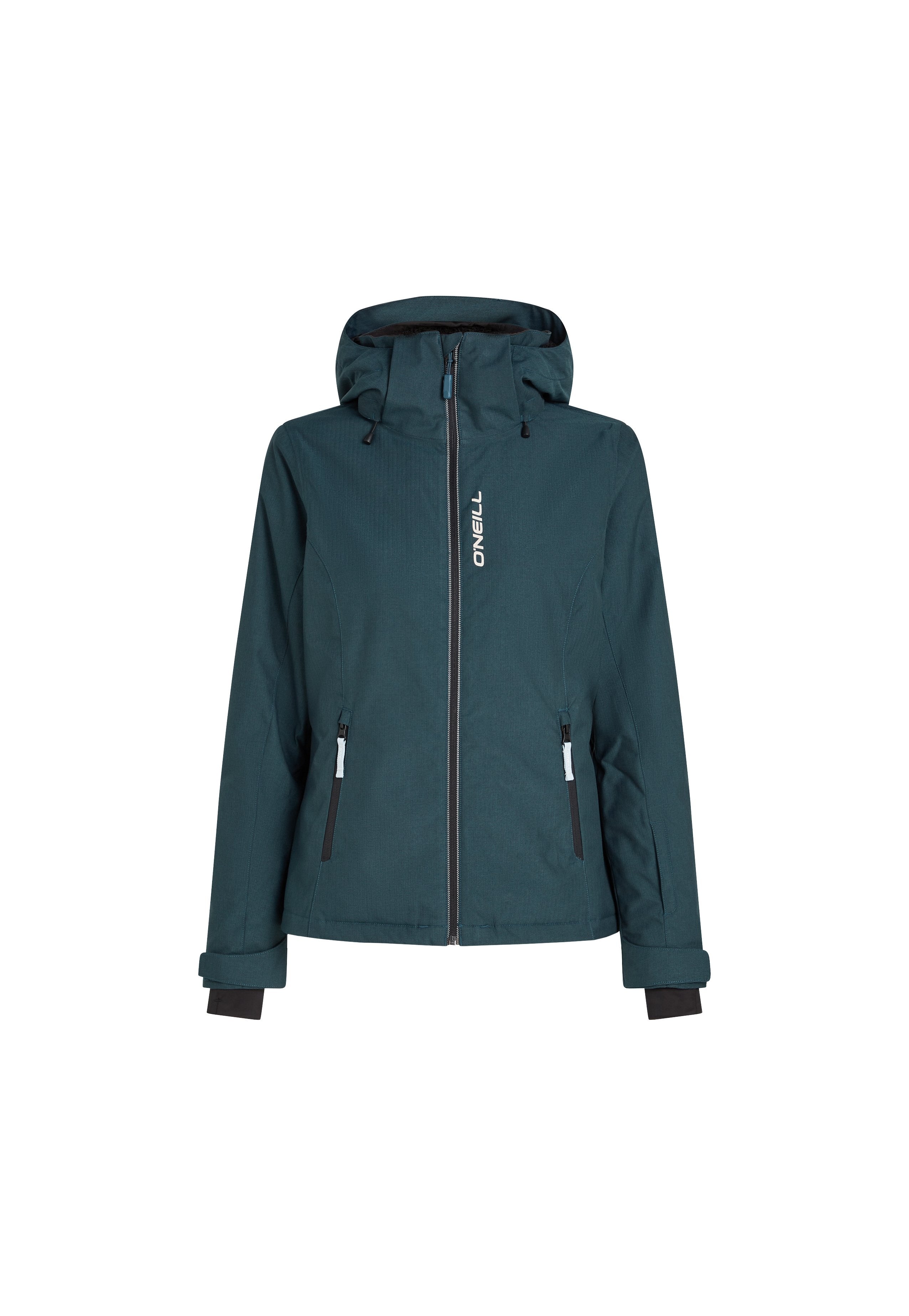 Teeffarbene wasserdichte Jacke mit Reißverschluss, verstellbare Kapuze und zwei Seitentaschen. Mit schwarzen Ärmelbündchen und Logodetails auf der Brust.