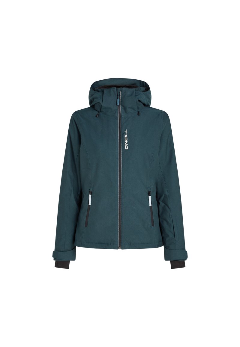 Teeffarbene wasserdichte Jacke mit Reißverschluss, verstellbare Kapuze und zwei Seitentaschen. Mit schwarzen Ärmelbündchen und Logodetails auf der Brust.