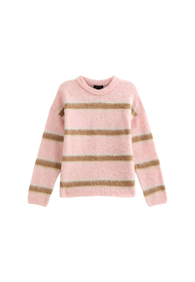 Rosa Pullover mit horizontalen Streifen in Beige und Weiß. Aus weichem Material gefertigt, mit Rundhalsausschnitt und lässigen langen Ärmeln.