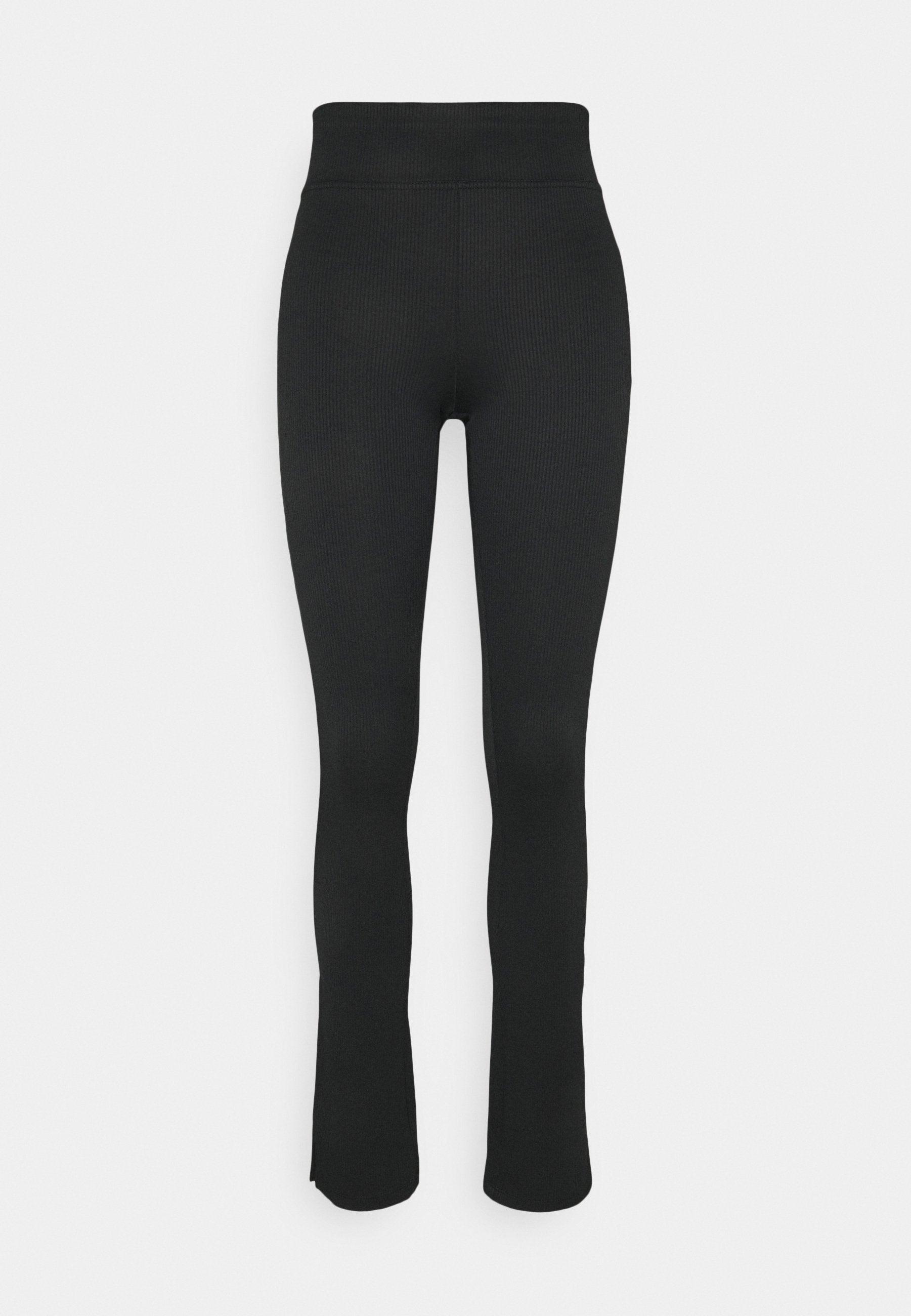 Schwarze gerippte Leggings mit hohem Bund, ausgestelltem Bein und glatter Textur. Keine sichtbaren Muster oder hardwaretechnischen Details.