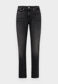 Schwarze Denim-Jeans mit einem verblassten Finish, geradem Schnitt, fünf Taschen, Knopfverschluss und kontrastierenden Nähdetails.