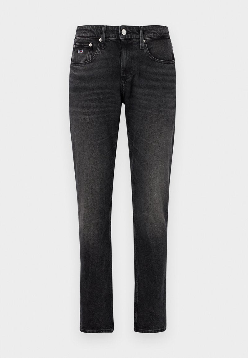 Schwarze Denim-Jeans mit einem verblassten Finish, geradem Schnitt, fünf Taschen, Knopfverschluss und kontrastierenden Nähdetails.
