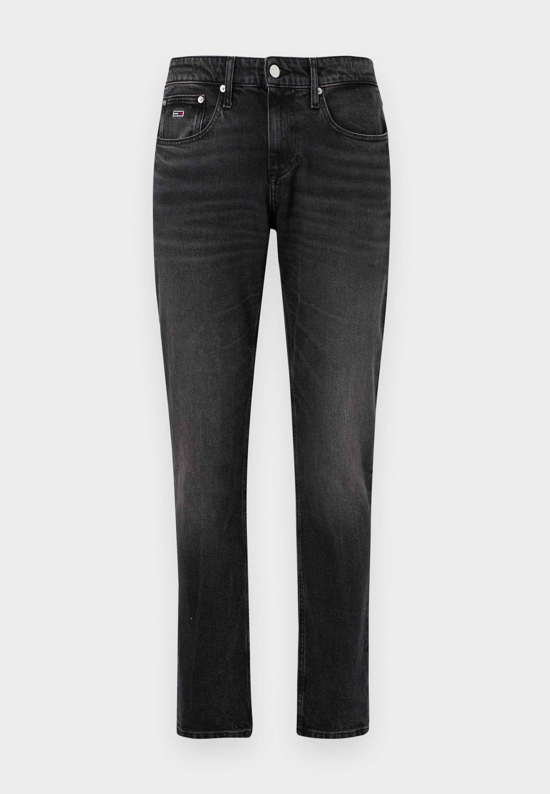 Schwarze Denim-Jeans mit einem verblassten Finish, geradem Schnitt, fünf Taschen, Knopfverschluss und kontrastierenden Nähdetails.