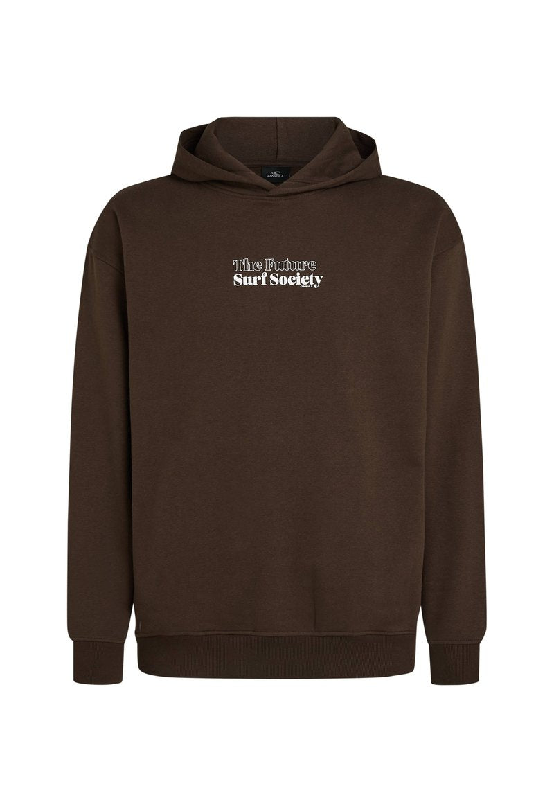 Brauner Kapuzenpullover aus Baumwollstoff mit einem Frontlogo, das "The Future Surf Society" in Weiß zeigt. Einfaches, entspanntes Design.