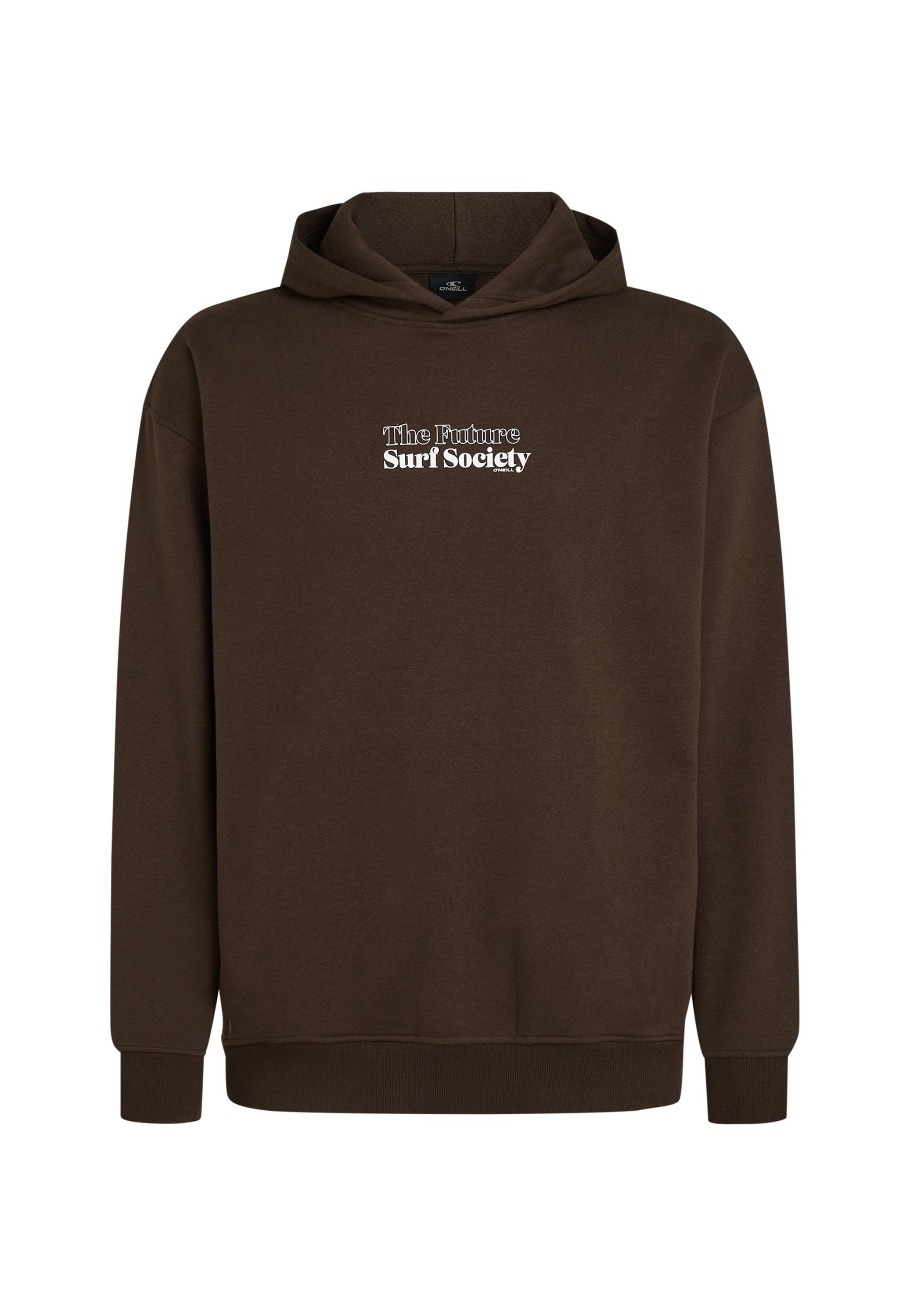 Brauner Kapuzenpullover aus Baumwollstoff mit einem Frontlogo, das "The Future Surf Society" in Weiß zeigt. Einfaches, entspanntes Design.