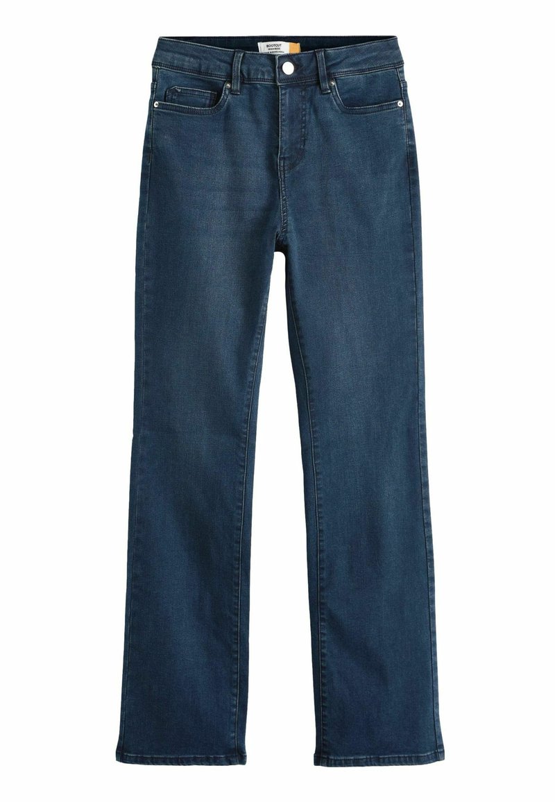 Dunkelblaue Denim-Jeans mit geradem Bein-Design, fünf Taschen-Stil und silbernem Zubehör. Glatte Textur, minimale Ausbleichung und klassischer Schnitt.