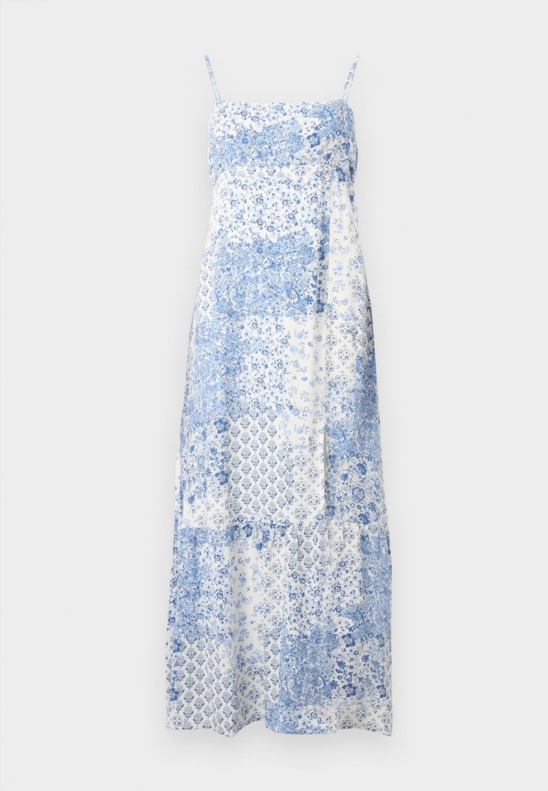 Maxikleid aus einem weißen Stoff mit blauen Blumen- und geometrischen Mustern. Hat dünne Träger, ein tailliertes Oberteil und einen lockeren Rock.