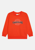 Roter Baumwollpullover mit langen Ärmeln, gerippten Bündchen und rundem Ausschnitt. Mit dem "TIMBERLAND"-Logo in Schwarz-Weiß-Druck auf der Vorderseite.