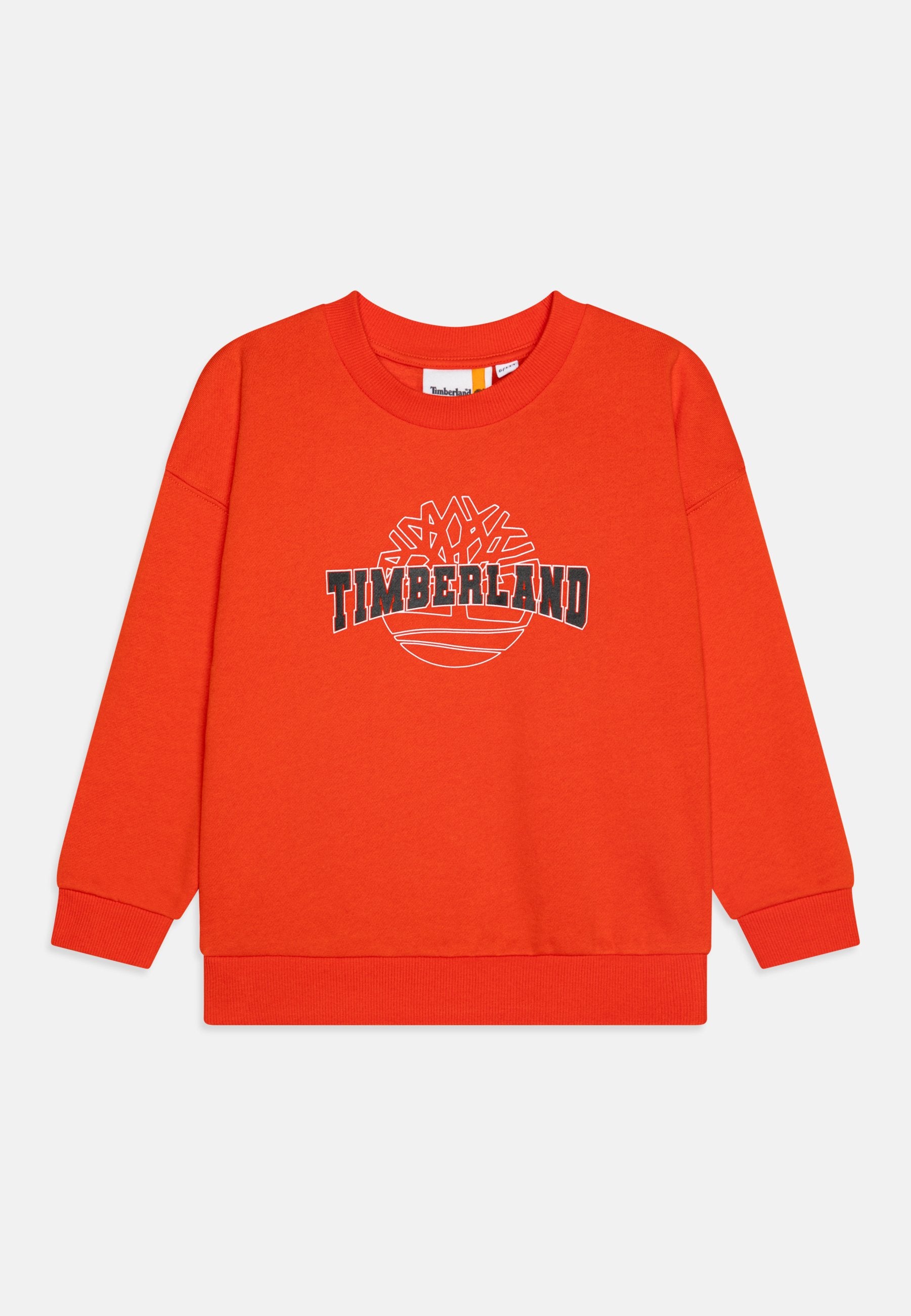 Roter Baumwollpullover mit langen Ärmeln, gerippten Bündchen und rundem Ausschnitt. Mit dem "TIMBERLAND"-Logo in Schwarz-Weiß-Druck auf der Vorderseite.