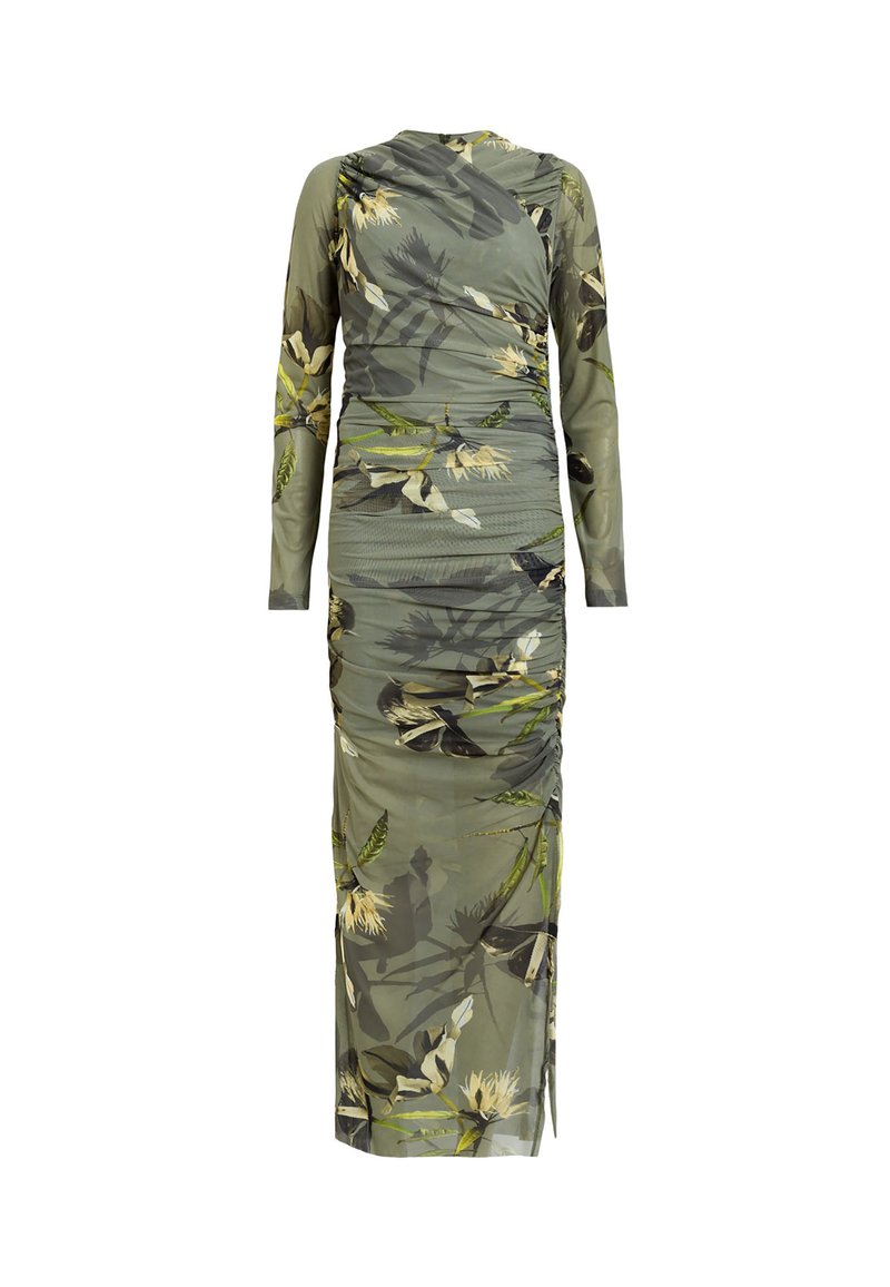 Langärmliges, gerafftes Kleid in Olivgrün mit Blumenmuster. Es verfügt über einen strukturierten, leichten Stoff und einen seitlichen Schlitz für optimale Bewegungsfreiheit.