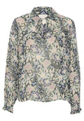 Schwarze Blumenbluse aus leichtem Stoff. Verfügt über einen mehrfarbigen Blumendruck, lange Ärmel mit gerafften Manschetten und einen Kragen.