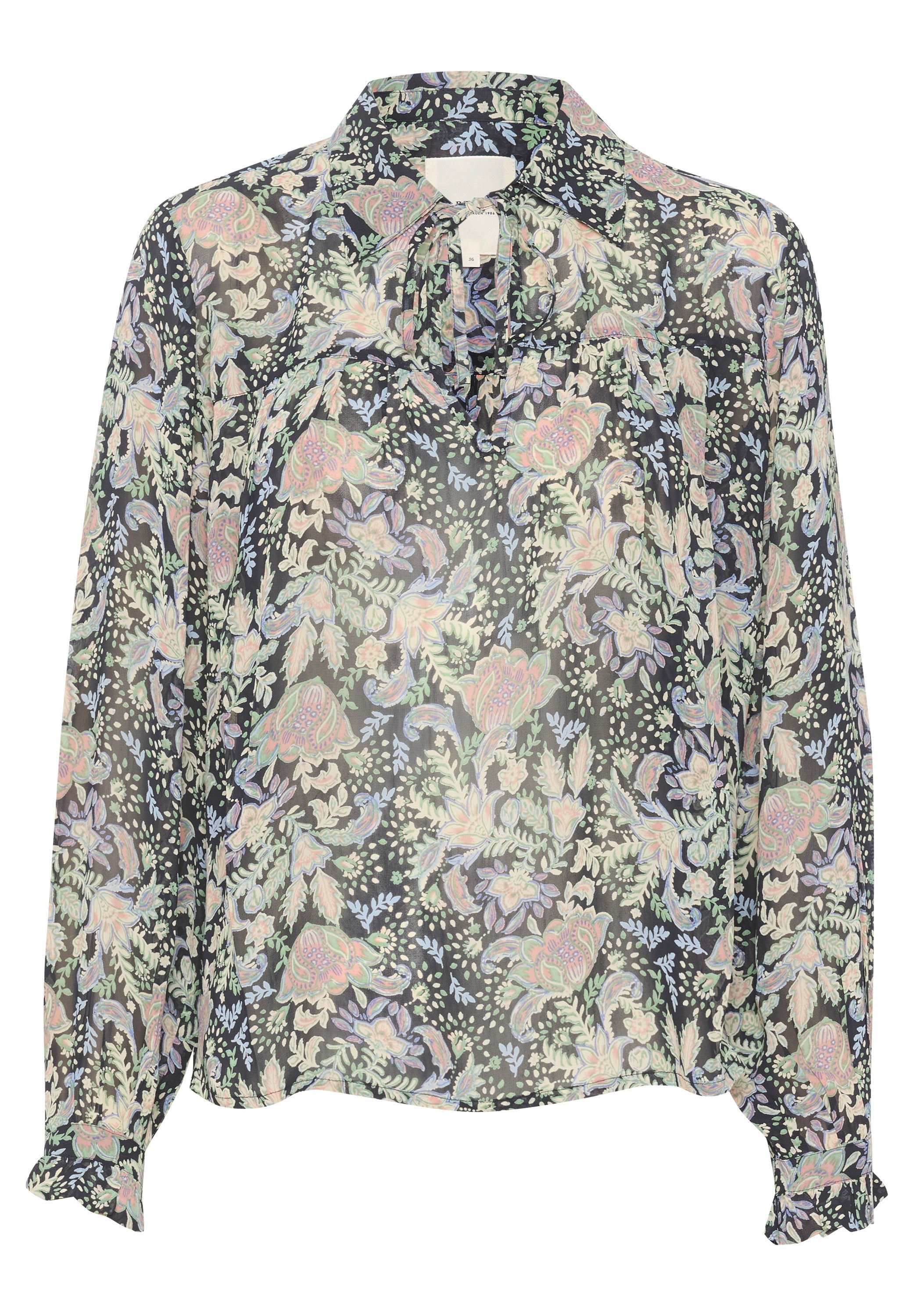 Schwarze Blumenbluse aus leichtem Stoff. Verfügt über einen mehrfarbigen Blumendruck, lange Ärmel mit gerafften Manschetten und einen Kragen.