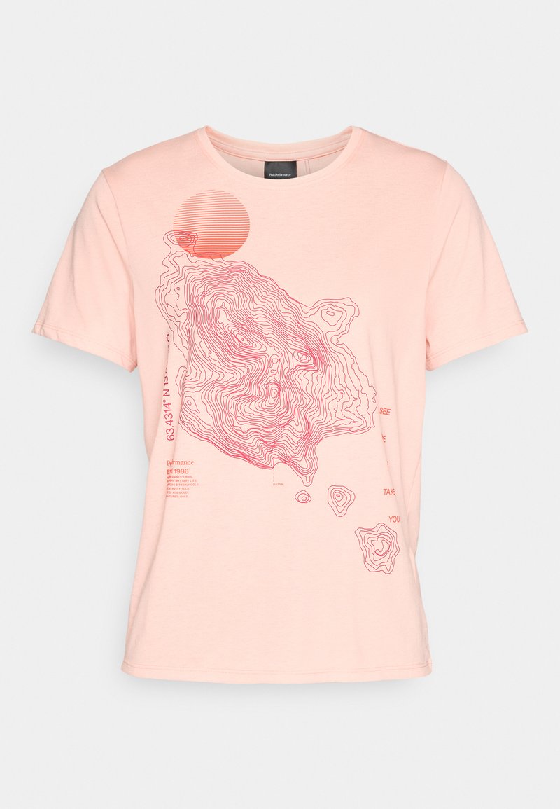 Rosa Baumwoll-T-Shirt mit einem roten topografischen Linienmuster und einem kreisförmigen Sonnen-Graphic auf der Vorderseite, mit Textelementen in moderner Schriftart.