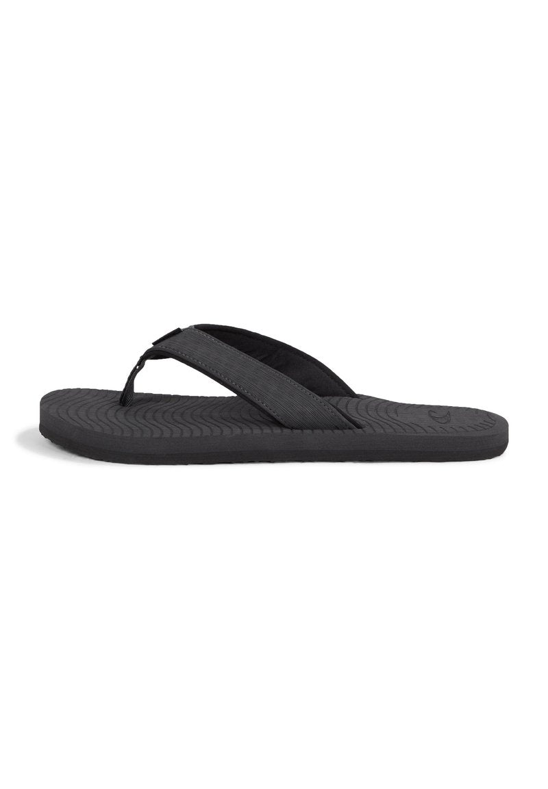 Schwarze Flip-Flops mit gerippter Gummisohle und strukturierten Riemen. Entworfen mit einem flachen Fußbett und einer dünnen Zehensteg-Silhouette. Keine zusätzlichen Akzente.