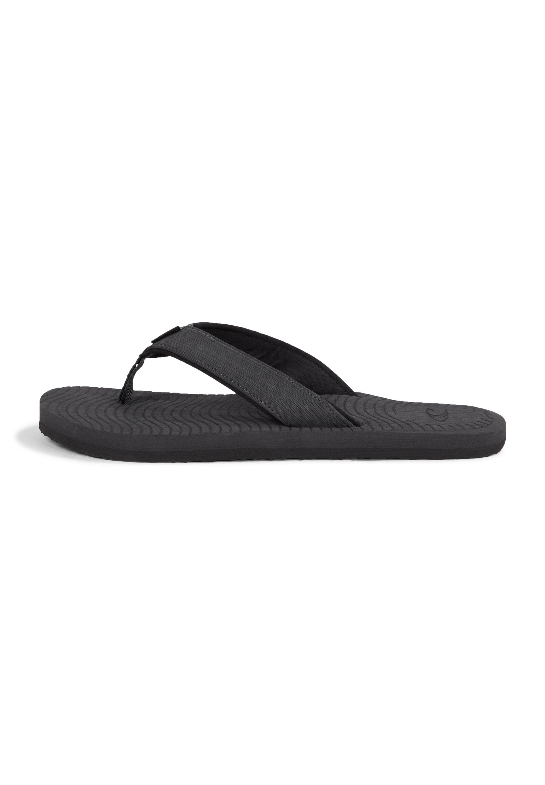 Schwarze Flip-Flops mit gerippter Gummisohle und strukturierten Riemen. Entworfen mit einem flachen Fußbett und einer dünnen Zehensteg-Silhouette. Keine zusätzlichen Akzente.