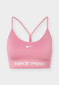 Pinkes Nike Pro Sport-BH mit dünnen Trägern, Racerback-Design, weißem Nike-Swoosh vorne und „NIKE PRO“ Schriftzug auf dem elastischen Band unter der Büste.