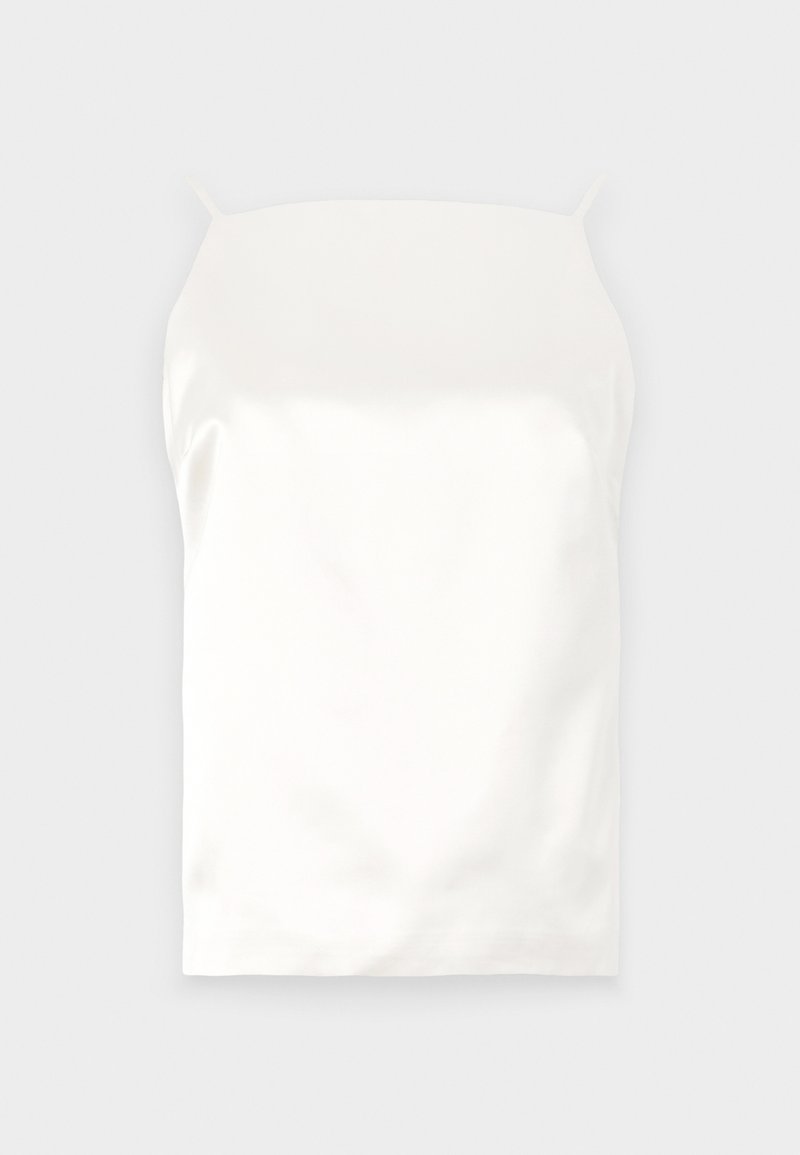 Weiße Satin-Camisole mit dünnen Trägern, glatter Textur, rechteckiger Form und ohne sichtbare Muster oder Akzente.