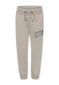 Beige Sweatpants mit einem gerippten Bund und Bündchen, ausgestattet mit einem Kordelzug und dem "HUGO"-Logo in dunkelgrün an der Seite. Weicher, strukturierter Stoff.