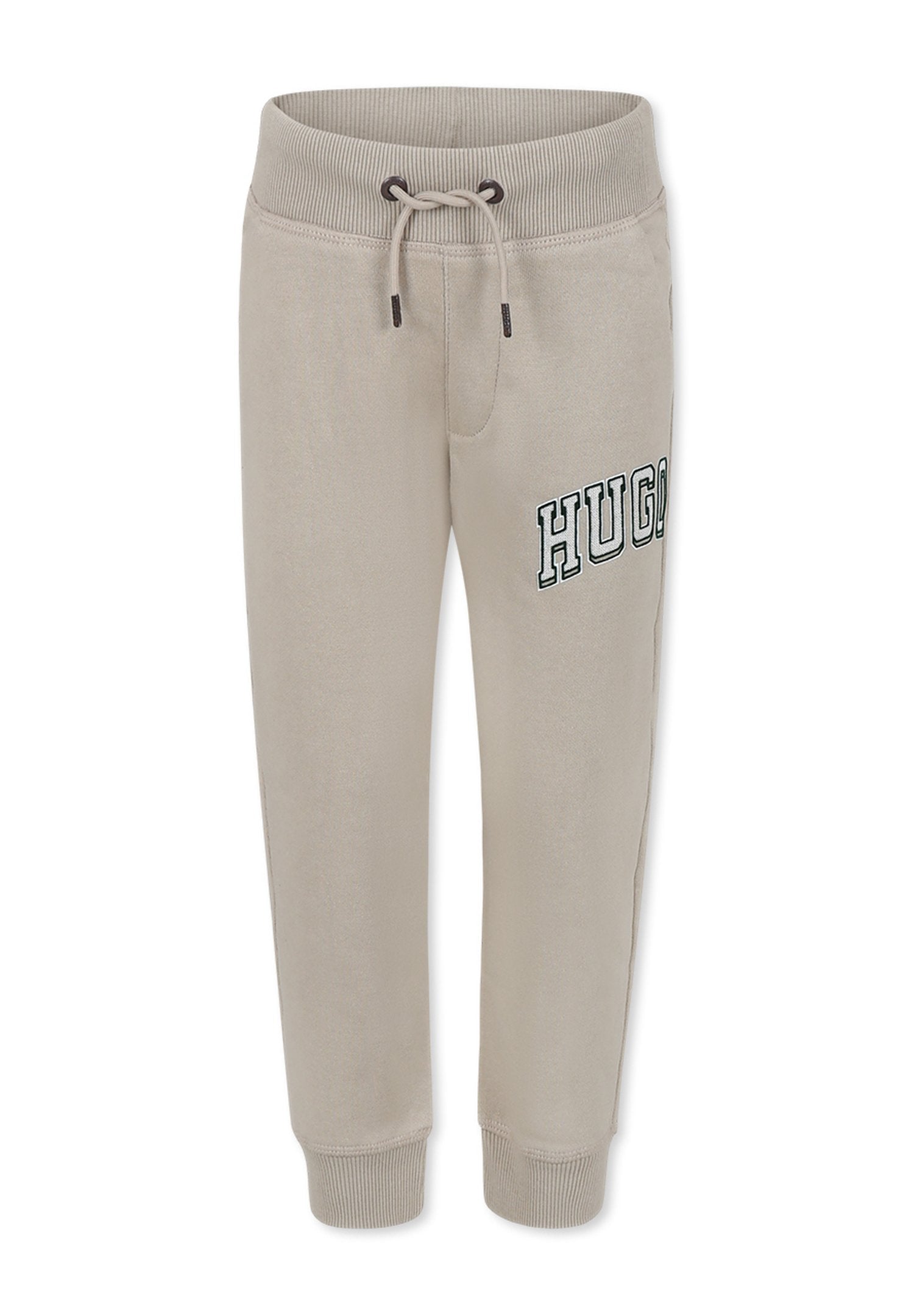 Beige Sweatpants mit einem gerippten Bund und Bündchen, ausgestattet mit einem Kordelzug und dem "HUGO"-Logo in dunkelgrün an der Seite. Weicher, strukturierter Stoff.