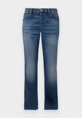 Dunkelblaue Jeans aus Denim mit geradem Bein, ausgestattet mit Fronttaschen, dezentem Verblassen und einem klassischen Knopfverschluss an der Taille.