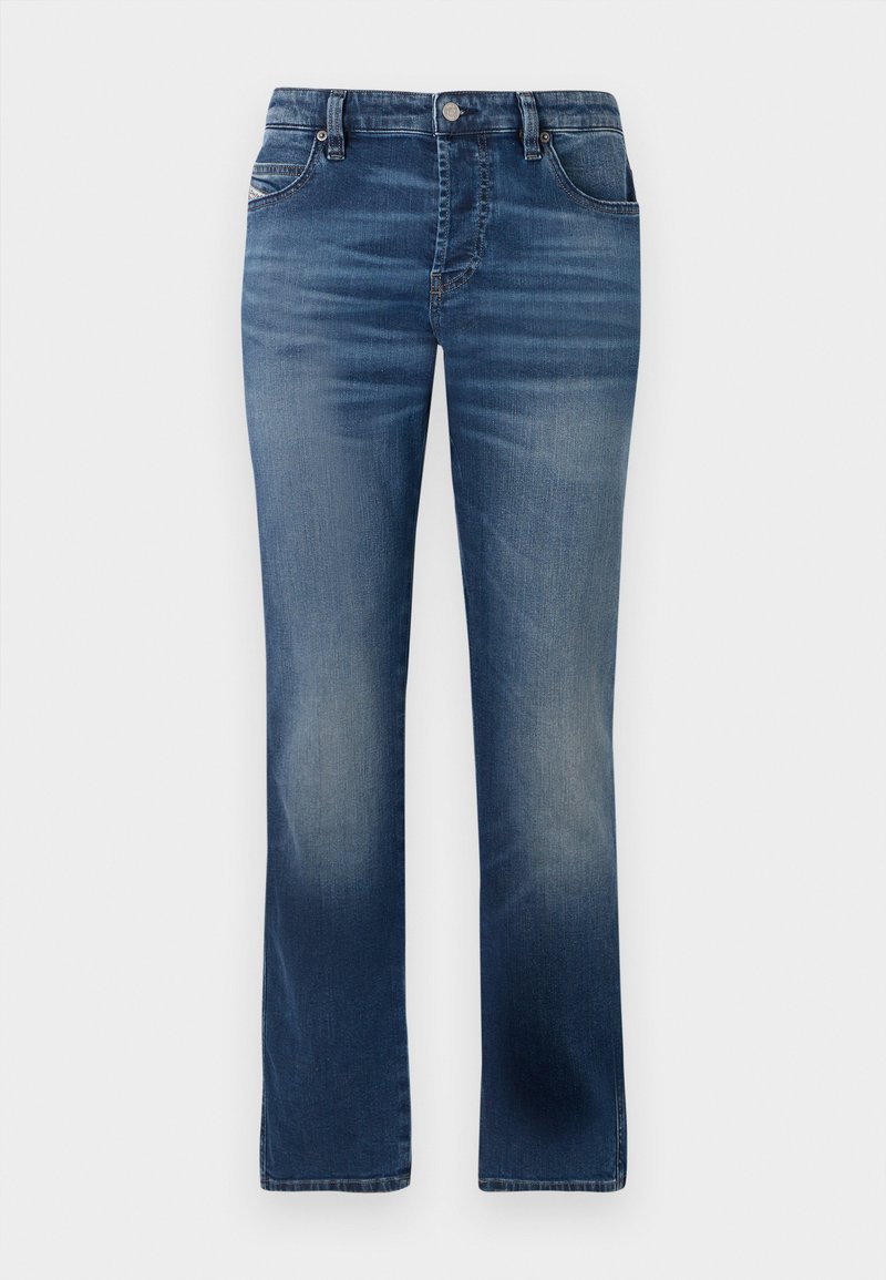 Dunkelblaue Jeans aus Denim mit geradem Bein, ausgestattet mit Fronttaschen, dezentem Verblassen und einem klassischen Knopfverschluss an der Taille.