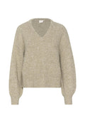 Beige V-Ausschnitt-Pullover aus weichem, strukturiertem Strickstoff. Mit langen Ärmeln und einem verkürzten Saum mit gerippten Bündchen sowie einem lässigen Schnitt.