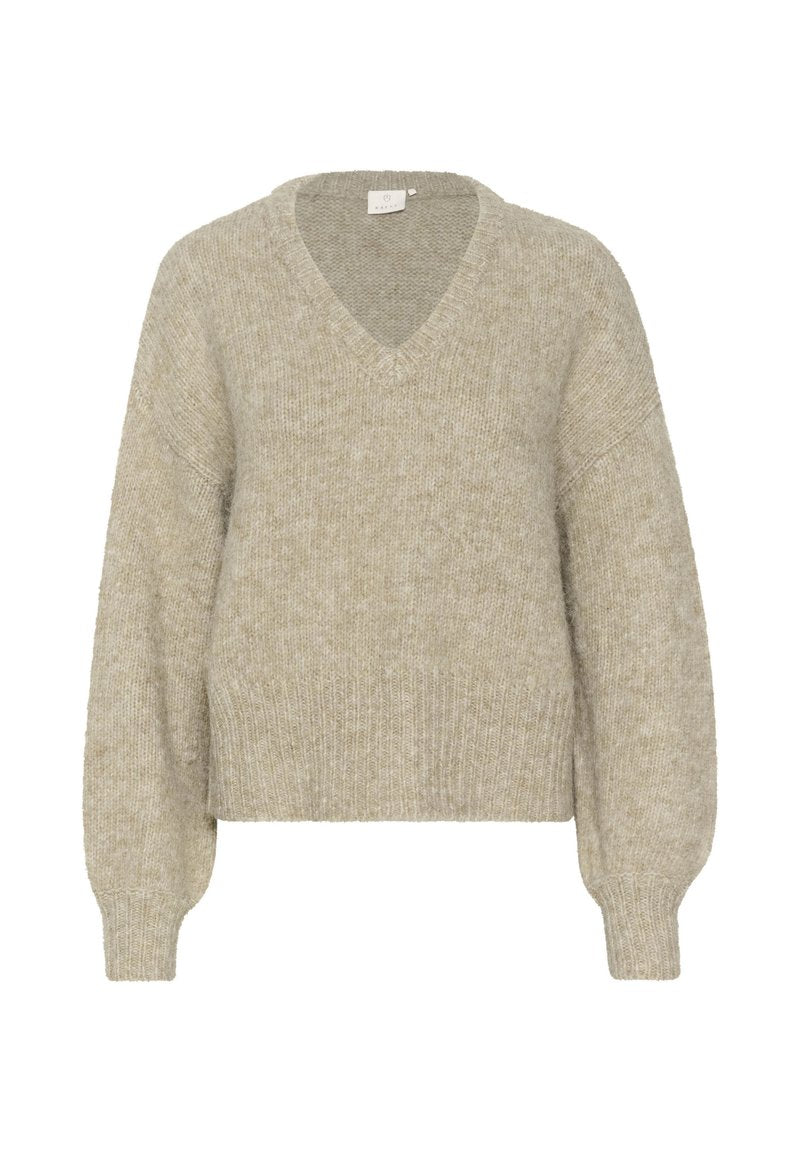 Beige V-Ausschnitt-Pullover aus weichem, strukturiertem Strickstoff. Mit langen Ärmeln und einem verkürzten Saum mit gerippten Bündchen sowie einem lässigen Schnitt.