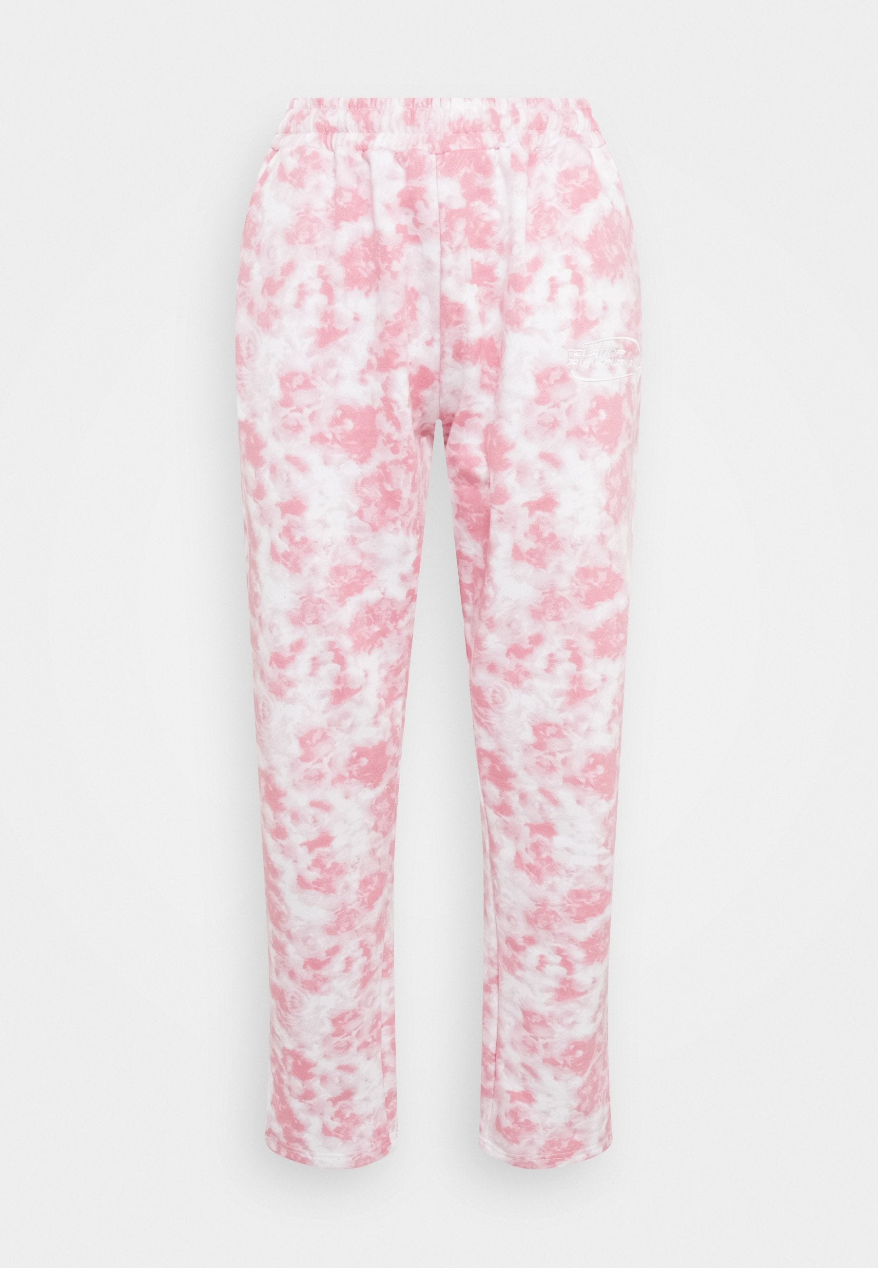 Rosa und weiße Batik-Sweatpants mit elastischem Bund und seitlicher Tasche, aus einem weichen, baumwollähnlichen Material in lockerer Passform.