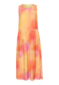 Ärmelloses Maxikleid in Gelb, Pink und Orange. Weicher Stoff mit einem Aquarellmuster, geraffter Taillenbereich und Rundhalsausschnitt.