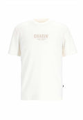 Weißes Kurzarm-T-Shirt aus Baumwolle mit einem hellbeigen Logo-Text auf der Vorderseite in der Mitte. Rippstrick-Kragen und gerader Schnitt.