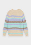 Strickpullover mit horizontalen Streifen in Beige, Lavendel, Mintgrün und Braun. Runder Halsausschnitt und gerippte Bündchen.
