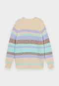 Strickpullover mit horizontalen Streifen in Beige, Lavendel, Mintgrün und Braun. Runder Halsausschnitt und gerippte Bündchen.