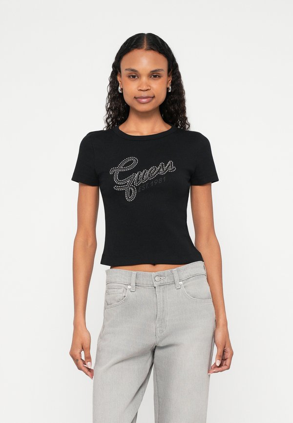 Guess STUDS SCRIPT TEE - Print T-shirt - jet black