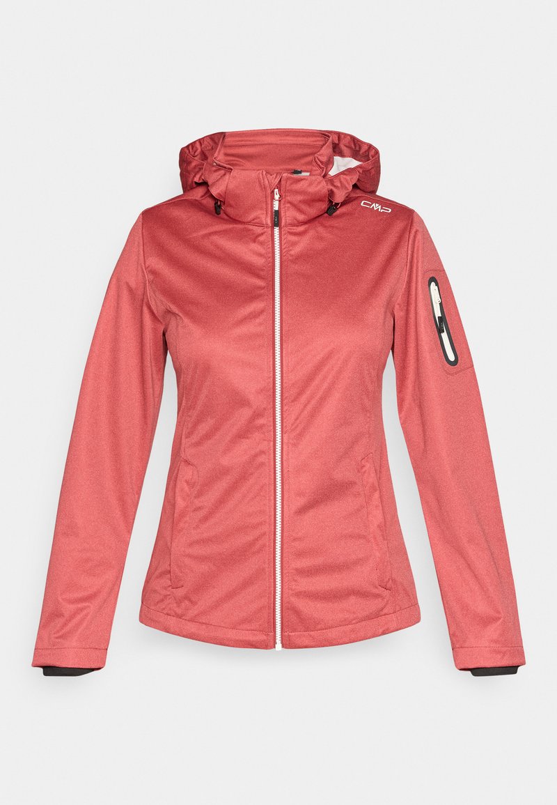 Rote Softshelljacke mit Kapuze, Frontreißverschluss, Reißverschlusstasche an der linken Ärmeltasche und CMP-Logo auf der rechten Schulter.