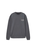 Dunkelgraues Sweatshirt mit Rundhalsausschnitt, "ALLSAINTS" und japanischem Text in Weiß auf der linken Brust bedruckt, lange Ärmel sowie Rippbündchen an Ärmeln und Saum.
