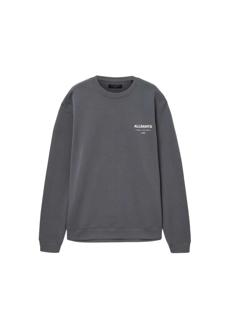 Dunkelgraues Sweatshirt mit Rundhalsausschnitt, "ALLSAINTS" und japanischem Text in Weiß auf der linken Brust bedruckt, lange Ärmel sowie Rippbündchen an Ärmeln und Saum.