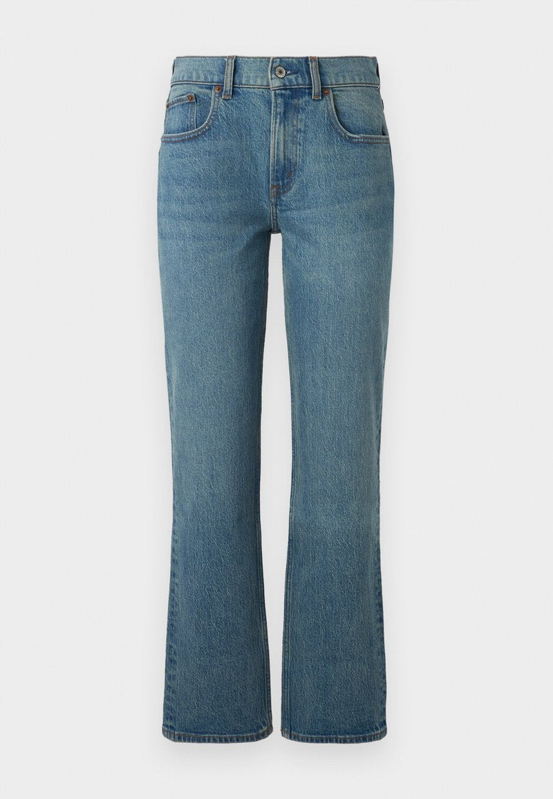 Helle blaue, aus Denim gefertigte Schlagjeans mit fünf Taschen, einem Frontknopfverschluss und subtilen Verblassungen für eine interessante Textur.